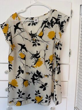 CAbi Ivory Floral V-Neck Blouse with Yellow and Black Print